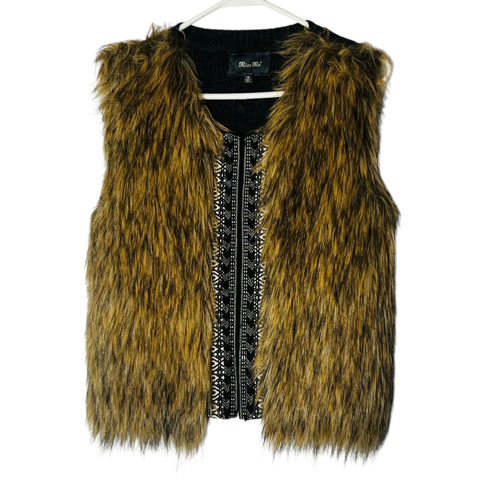 Miss Me Vest Coat Womens M Faux Fur Beaded‎ Cable Knit Sleeveless Brown Gray L